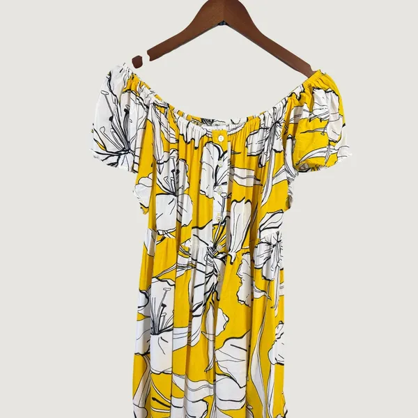 Margaux Riviera Yellow Floral Off Shoulder Button Front Mini Dress Large - Image 5