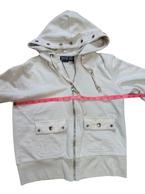 90s Vintage Bill Blass Grommet Zip Up Sweatshirt Hoodie Cream Small - Image 3