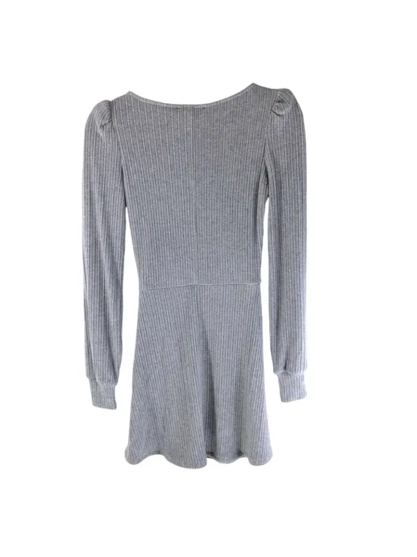Olivaceous Mini Dress A Line Long Sleeve Knit Puff Sleeve Scoop Neck Gray Size S - Image 2