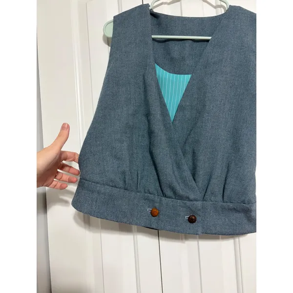 Vintage Wrap Front Cropped Vest Slate Blue Teal Pinstripe Lining Woven Buttons - Image 2