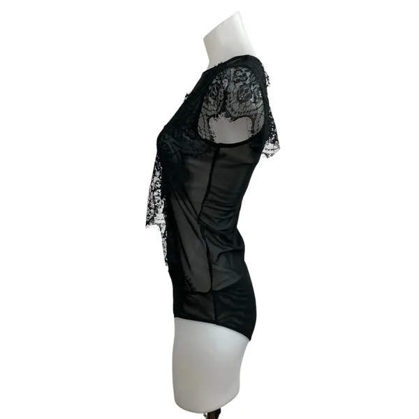 Zara Women's Black Lace Sheer Mesh Ruffle High Neck Cap Sleeves Bodysuit Top S - Image 2