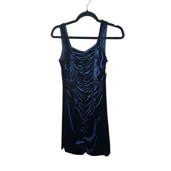 Free‎ Press Velour Velvet Mini Dress M Navy Blue Ruched Party Shimmer Glam NWT - Image 2