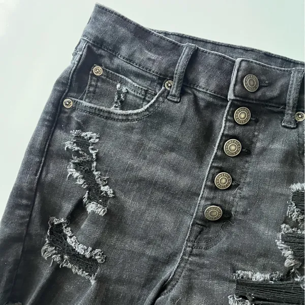 American Eagle • Distressed Washed Black Button Fly Super High Rise Shorties - Image 3