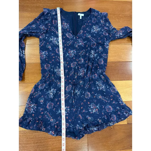 Joie Romper Womens Navy Blue Floral Ruffle Long Sleeve V-Neck Size M - Image 6