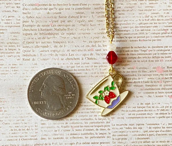 Handmade strawberry teacup cottage fairy cute necklace🍓🫖 - Image 6