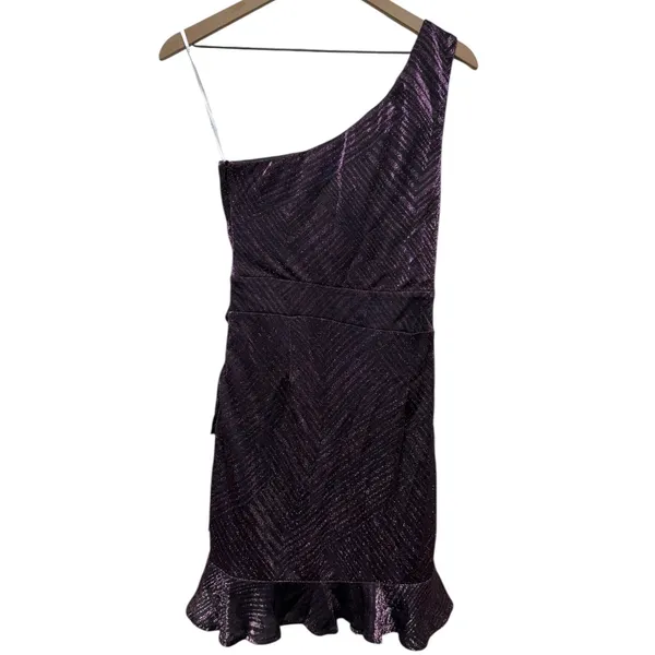 Lulus One Shoulder Purple Metallic Ruffle Faux Wrap Mini‎ Dress Women Sz S Party - Image 4