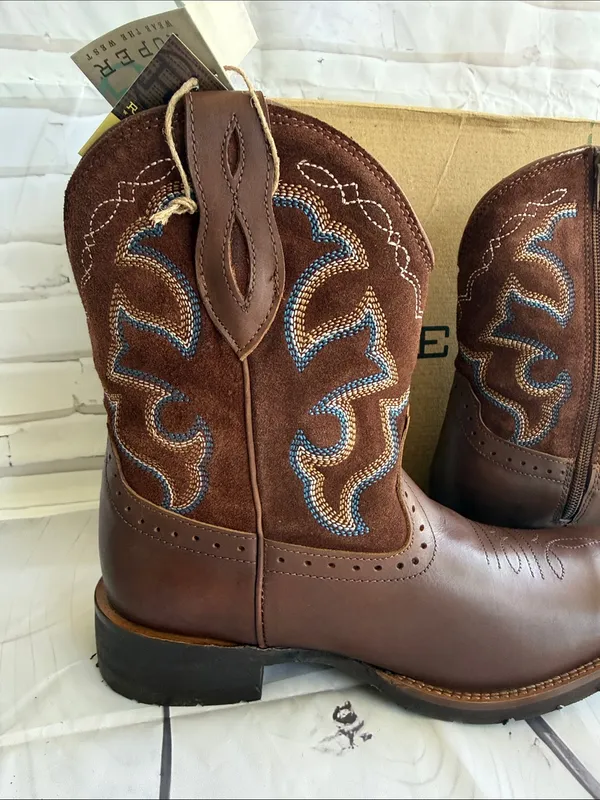 Roper Brown Leather Western Boots with Blue and Cream Embroidery - Image 7