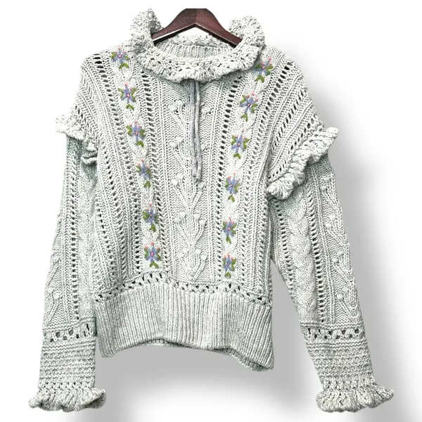 Zara Grey Knit Sweater Floral Embroidered Ruffle Collar S Twee Cottagecore Boho - Image 2