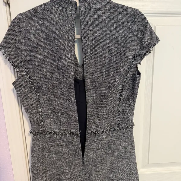 NWT J. McLaughlin Zinnia Tweed Dress Sz 2 Dark Navy/White Lined Fringe Office - Image 11