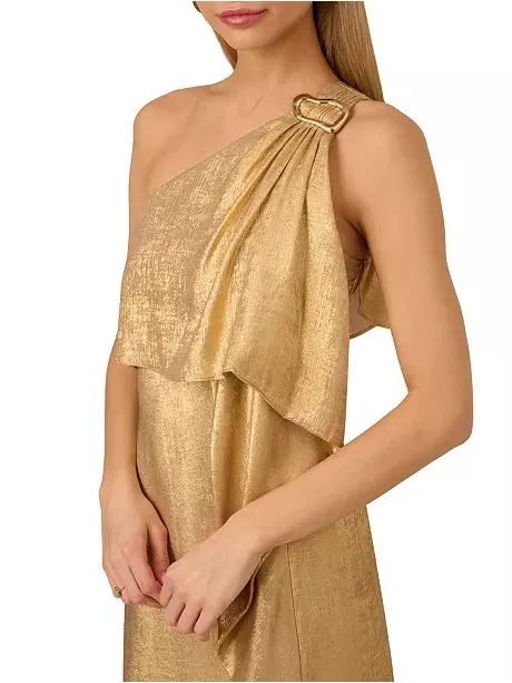 Adrianna Adrianna Papell Gold Metallic Layered One-Shoulder Gown Size 2 - Image 4