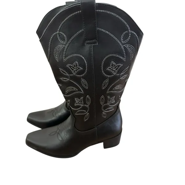IUV Women’s Size 10 Black Leather Cowboy Cowgirl Boots Embroidered Pointy Toe - Image 7