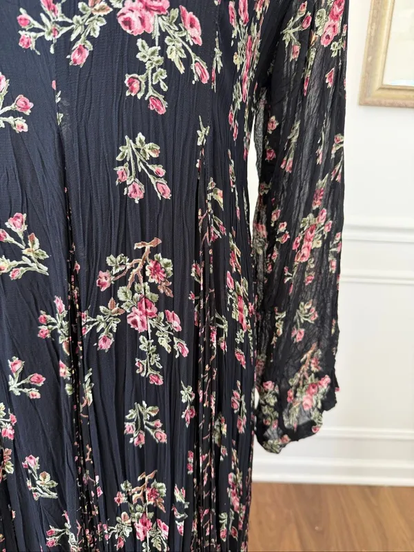 Vintage 90s Starina Feminine Witchy Boho Black Floral Maxi Dress M - Image 4