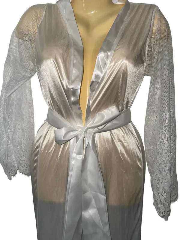 Silky Lace Trim Long White Satin Robe - Image 3
