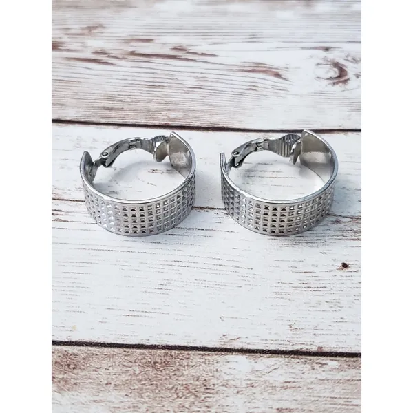 Vintage Clip On Earrings - Square Design Silver Tone Hoops 7/8" - Image 3