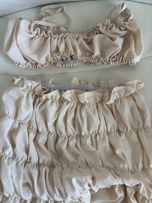 Smocked Strapless Top and Matching Bandeau in Light Beige - Image 2