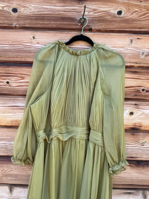 Mac Duggal Size 20 Olive Green Plus Size Chiffon Ruffle High Neck Maxi Gown - Image 6