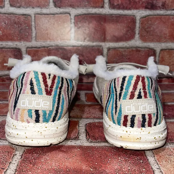 Pre-Owned Hey Dude Wendy Funk Wool Beige Canva Slip On Faux Fur Shoe Size 9 Casu - Image 6