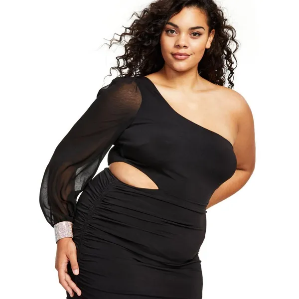 City Studios Trendy Plus Size One-Shoulder Bodycon Dress 8415GP9PD1 Black 1X - Image 3