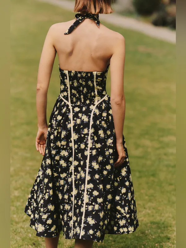 By Anthropologie Halter V-Neck Fit & Flare Midi Dress Yellow Floral NWT - Image 3