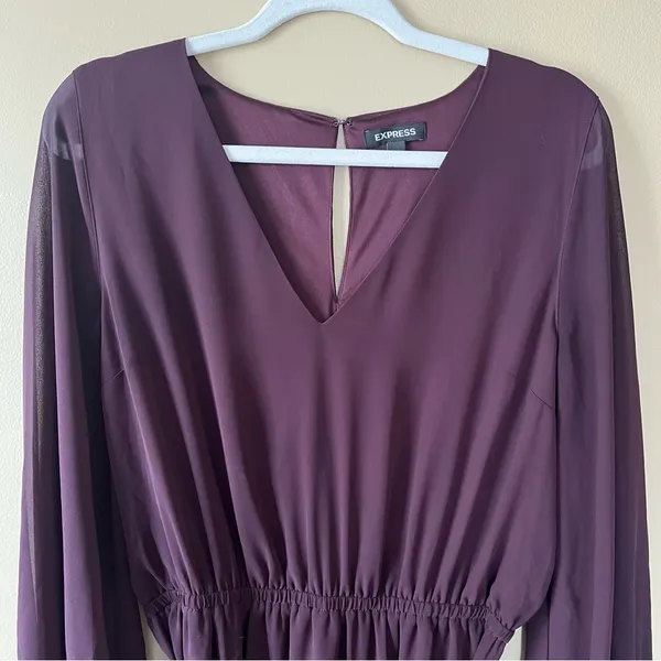 Elegant Deep Purple Sheer Long-Sleeve Dress - Image 3
