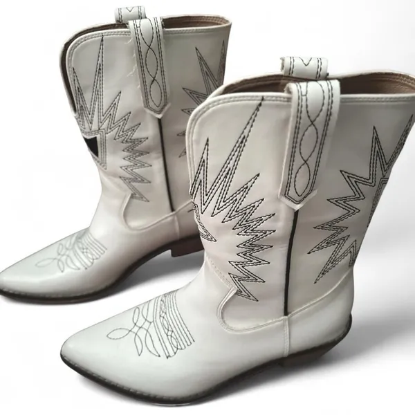 White, Silver & Black Embroidered Mod Calf Western Cowboy Boots - Image 2