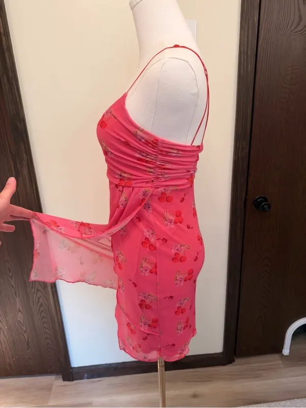Urban Outfitters pink cherry pattern lace deep neckline slip dress - Image 8