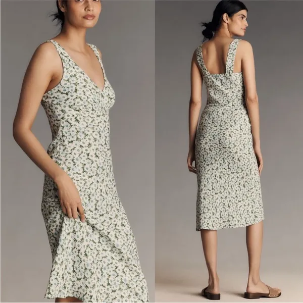 Reformation Beauden Sleeveless V Neck Crepe Midi Dress White Green Floral M - Image 2