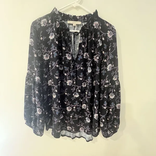 Loft Size L‎ Navy Floral Tie-Neck Blouse Long Sleeve - Image 2