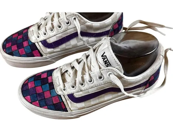Vans Off the Wall Size 7 Checkered Design Canvas Shoes With Pink Blue Purple - Image 9