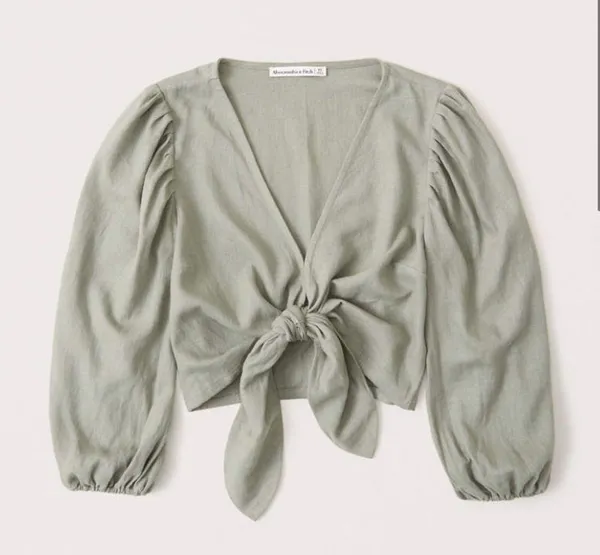 NWT Abercrombie & Fitch Sage Green Tie Front Puff Sleeve Crop Top sz Small - Image 11