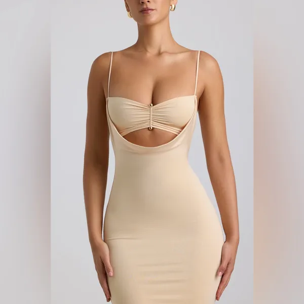 Oh Polly Julane Slinky Jersey Ruched Cut-Out Midaxi Dress in Buttercream Size 4 - Image 4