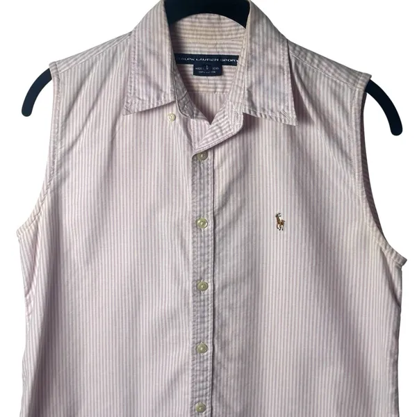 Ralph Lauren Sport 100% Cotton Flesh Pony Pink‎ White Stripe Tank Top Rodeo 6 - Image 3