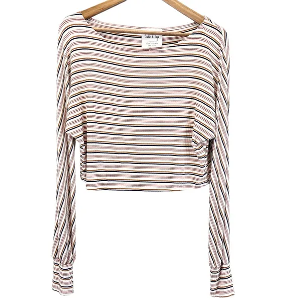 Sadie & Sage Womens M Crop Top Long Sleeves Ribbed Striped Cream‎ Blue Tan Rust - Image 2