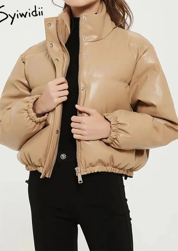 Small crop puffer beige Carmel warm winter coat jacket big Nwot Tan - Image 8