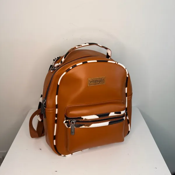Wrangler Cognac Faux Leather Mini Backpack with Black & White Trim - Image 3