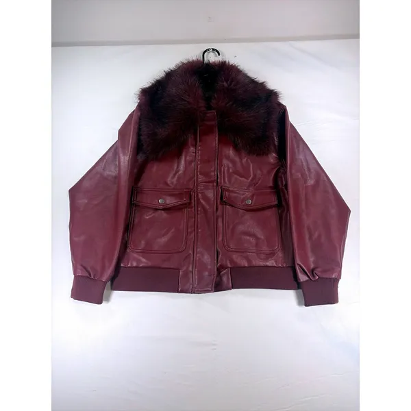 Wild Fable Burgundy Faux Leather Bomber Jacket Removable Faux Fur Collar Size S - Image 3