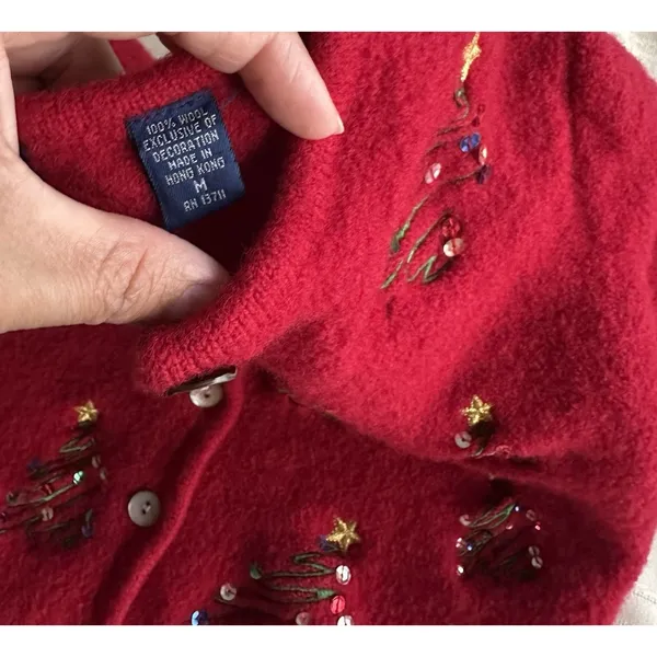Karen Scott Red 100% Wool VintageCardigan Sweater Sequin Embroidered Tree M Crew - Image 10