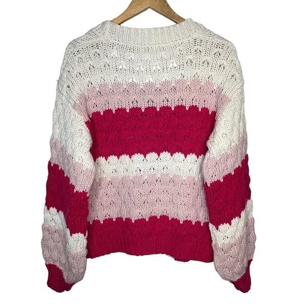 Dreamers by Debut Cardigan Sweater Womens‎ XL Pink White Striped Pointelle Knit - Image 2