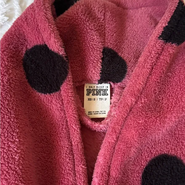 PINK Pink Polka Dot Plush Vintage Robe with Black Spots XS - Image 4