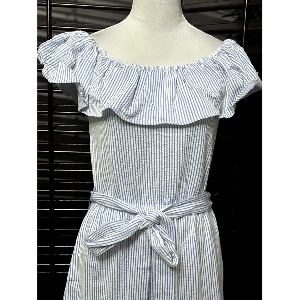 Michael Kors Women's Blue/White Striped Off Shoulder Ruffled Dress S NWT - Image 3
