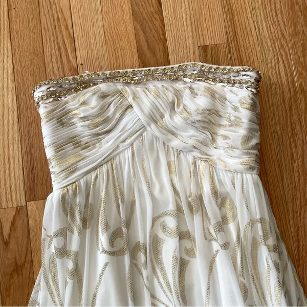 Ethereal Grecian Strapless Maxi Dress Womens 12 White Gold Beaded Formal Gown - Image 4