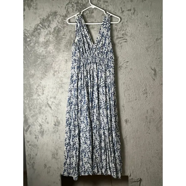 ModCloth Blue White Floral Maxi Dress Empire Waist Cottagecore Prairie‎ Large - Image 3