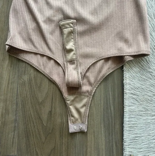 Privacy Please Bodysuit Tan Ribbed Long Sleeve Snap Front Top - Image 6