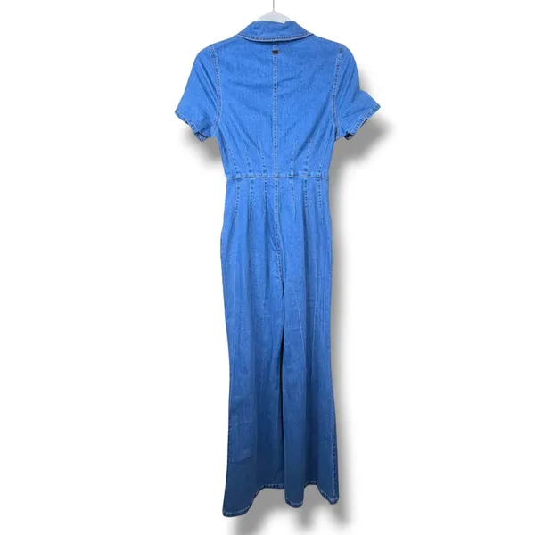 NEW Lucky & Blessed Denim Stretchy Short Sleeve Zip Up Flare Leg Jumpsuit XS - Image 8