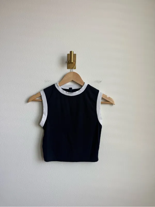 SKIMS Women's Ribbed Contrast Trim Cropped Tank Top Navy White XS - Image 5