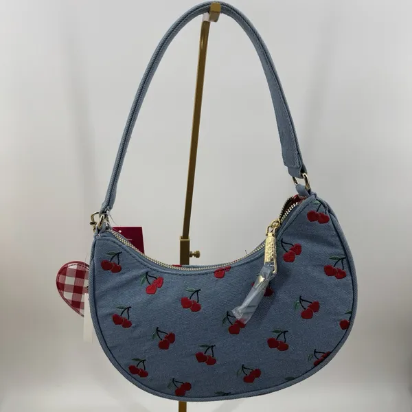 Betsey Johnson Denim Cherry Embroidered Heart Charm Gingham Shoulder Bag NWT - Image 2