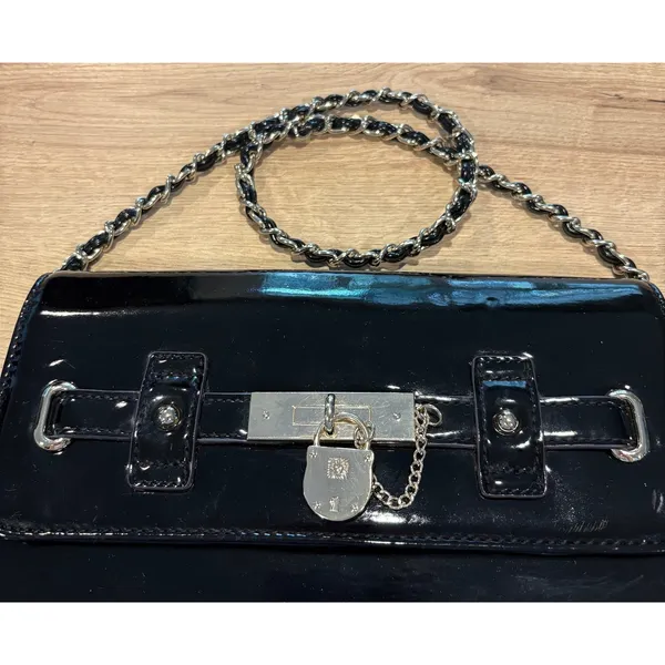 Anne Klein Black Patent Leather Evening Clutch Bag Handbag with Slip‎ Pocket - Image 3