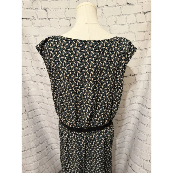 LOFT Black/green/cream Leaf Floral Print Grosgrain Waist Dress Size Large - Image 5