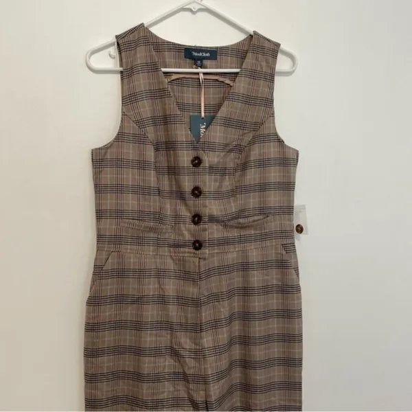 NEW NWT MODCLOTH Plaid Appeal Vest Jumpsuit Tan Brown Blue Sleeveless Retro 70s - Image 5