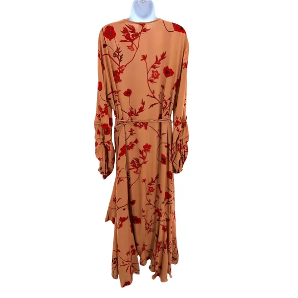 Johanna Ortiz x H&M Floral Wrap Maxi Dress Orange Red Poppy L Long Sleeve Ruffle - Image 5